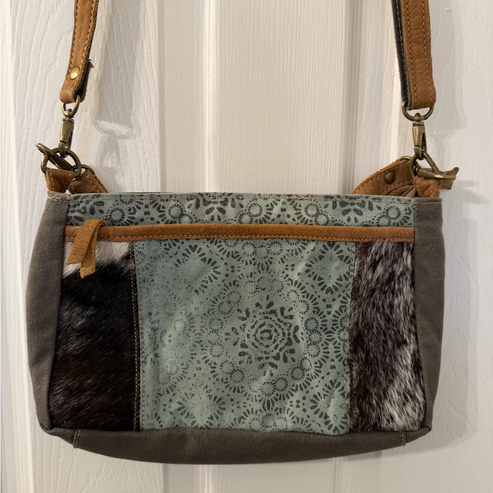 Myra Bag Mint Green Patterned Crossbody with Brown Leather Trim